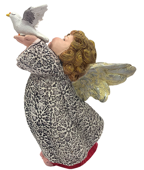 Anjo vestido de branco com pomba