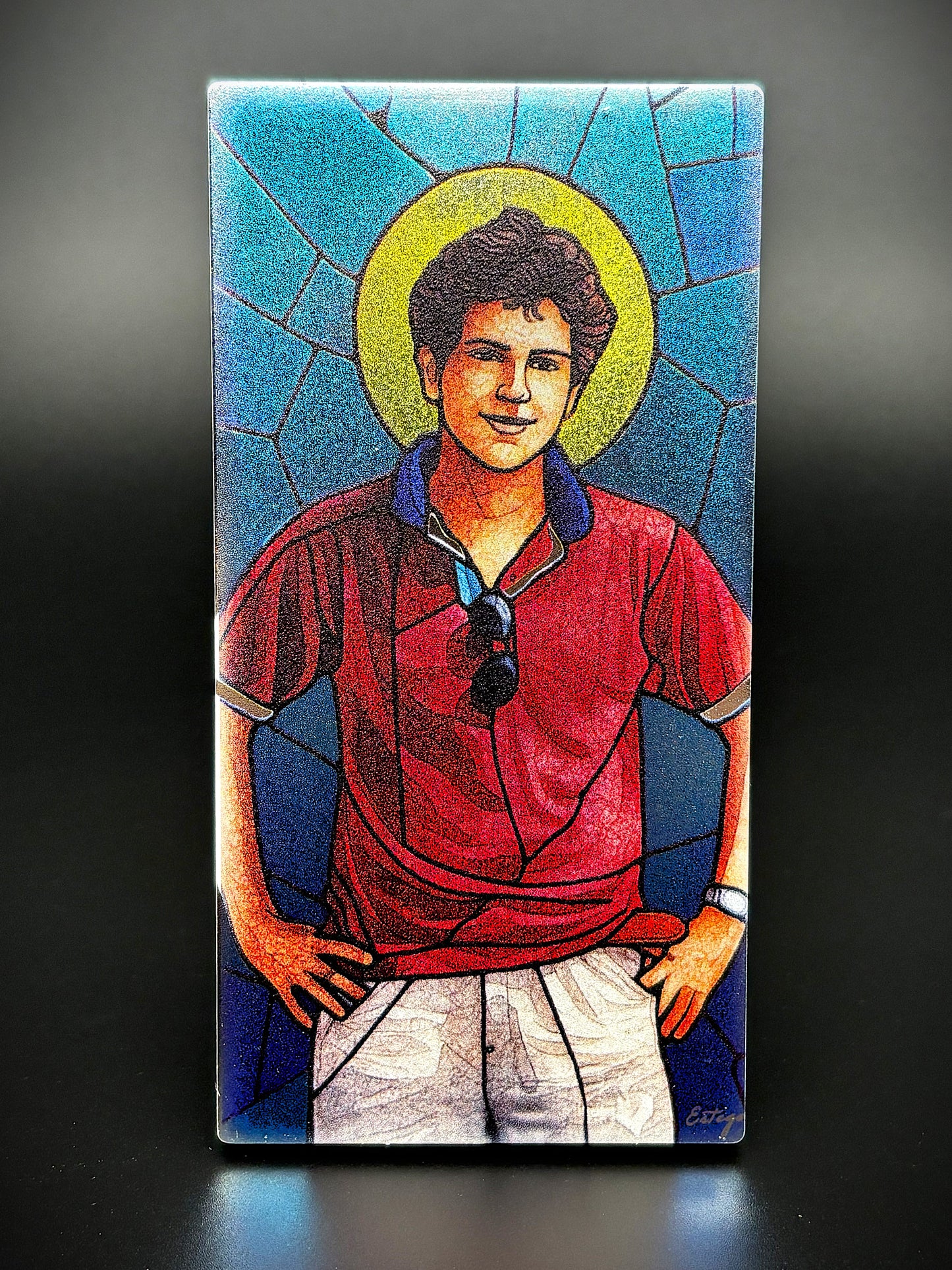 Quadro São Carlo Acutis em madeira