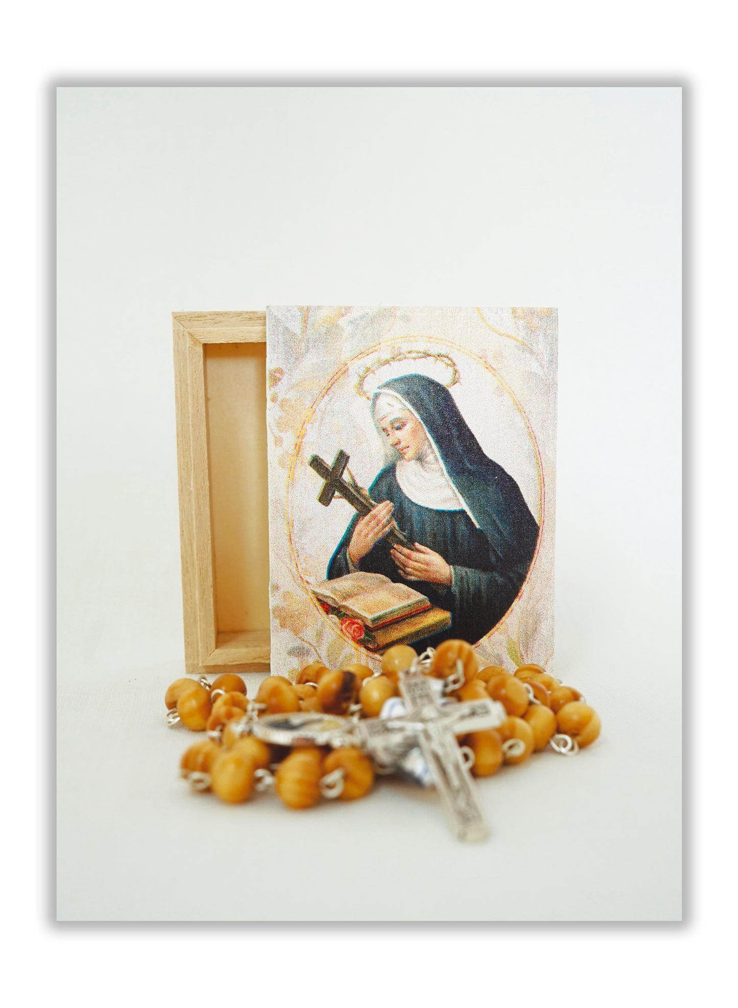 Terço Santa Rita de Cássia - Caixa em madeira