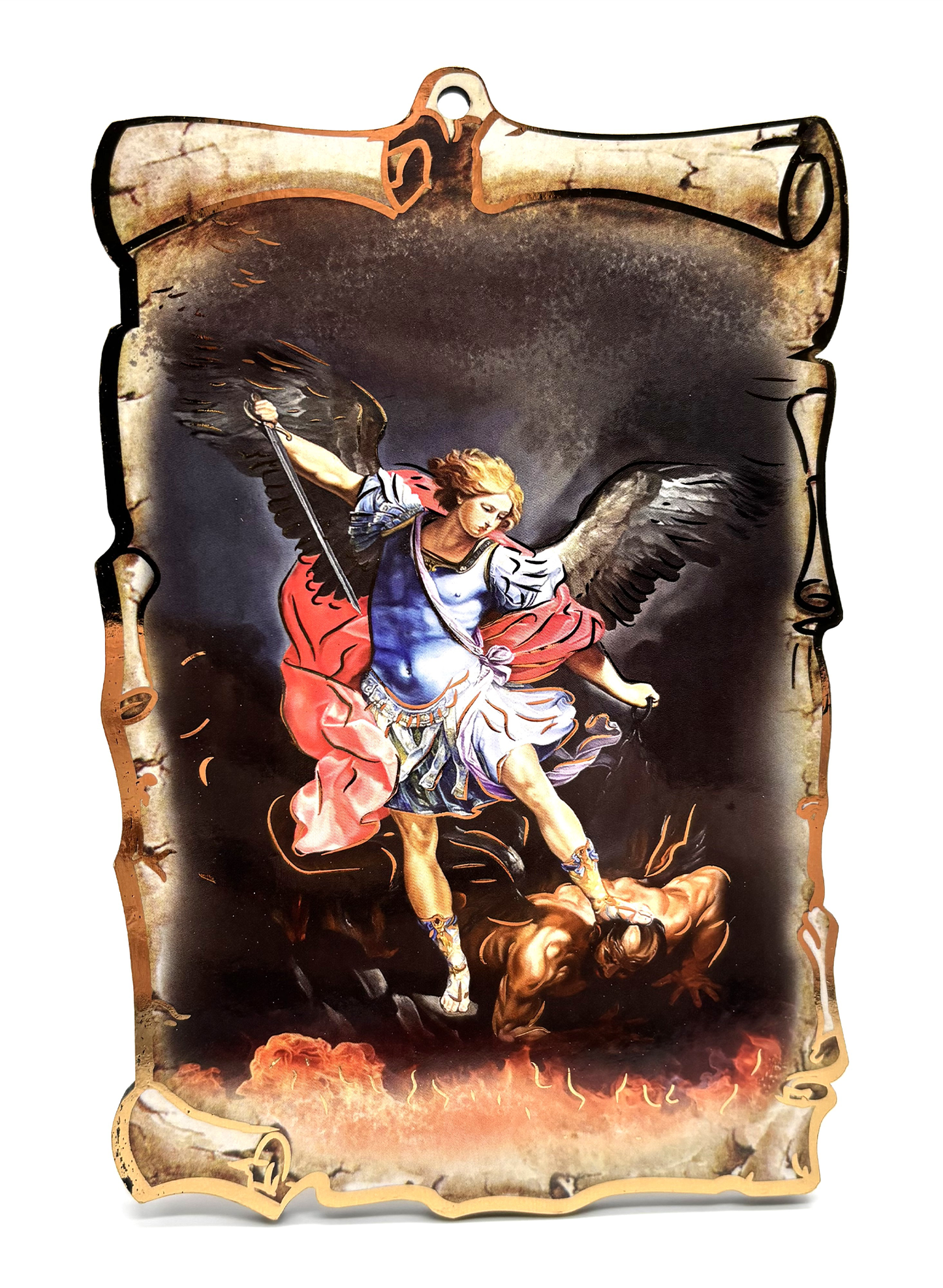 Quadro São Miguel Arcanjo pergaminho em madeira