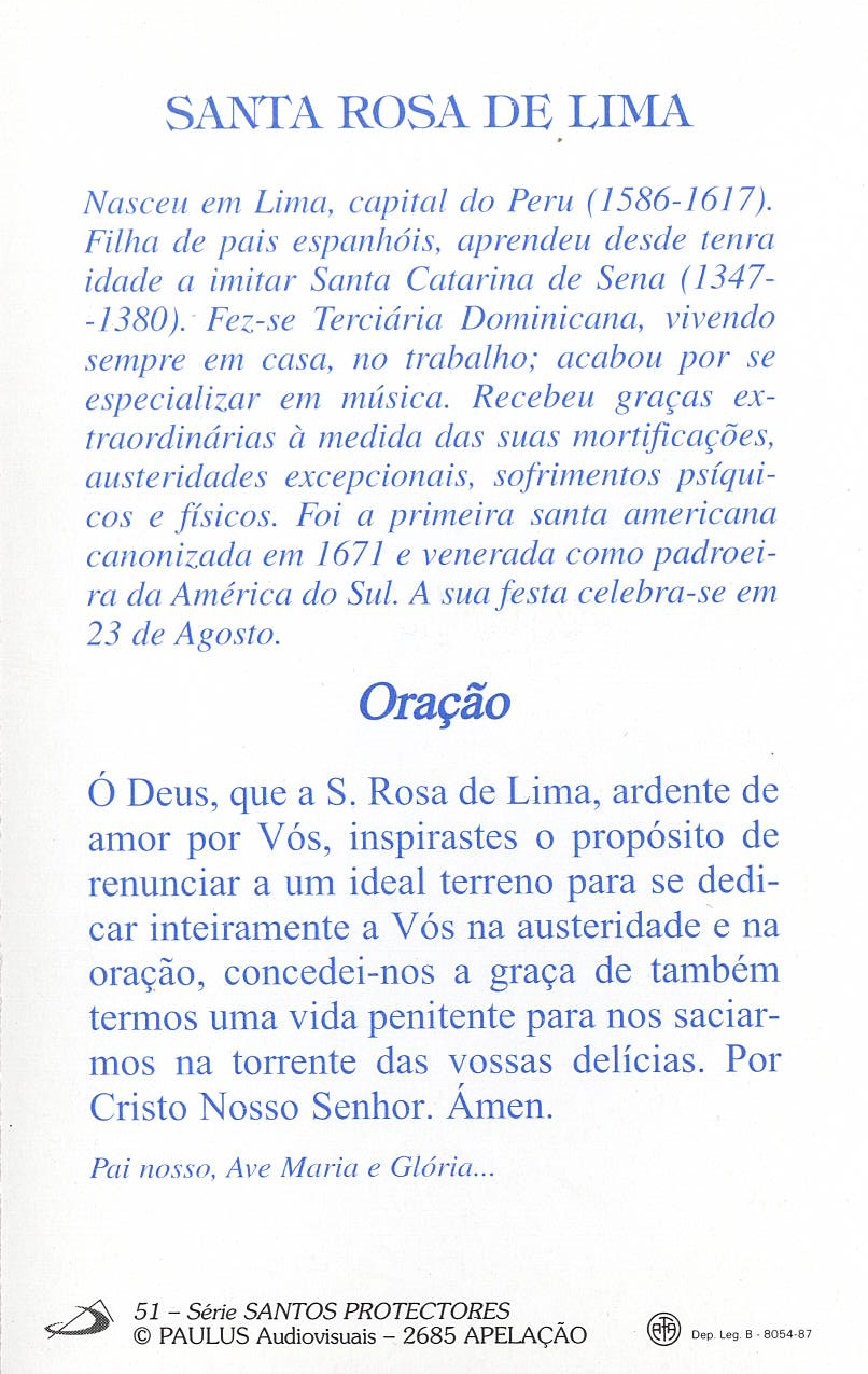 Pagela Santa Rosa de Lima - 25 un.