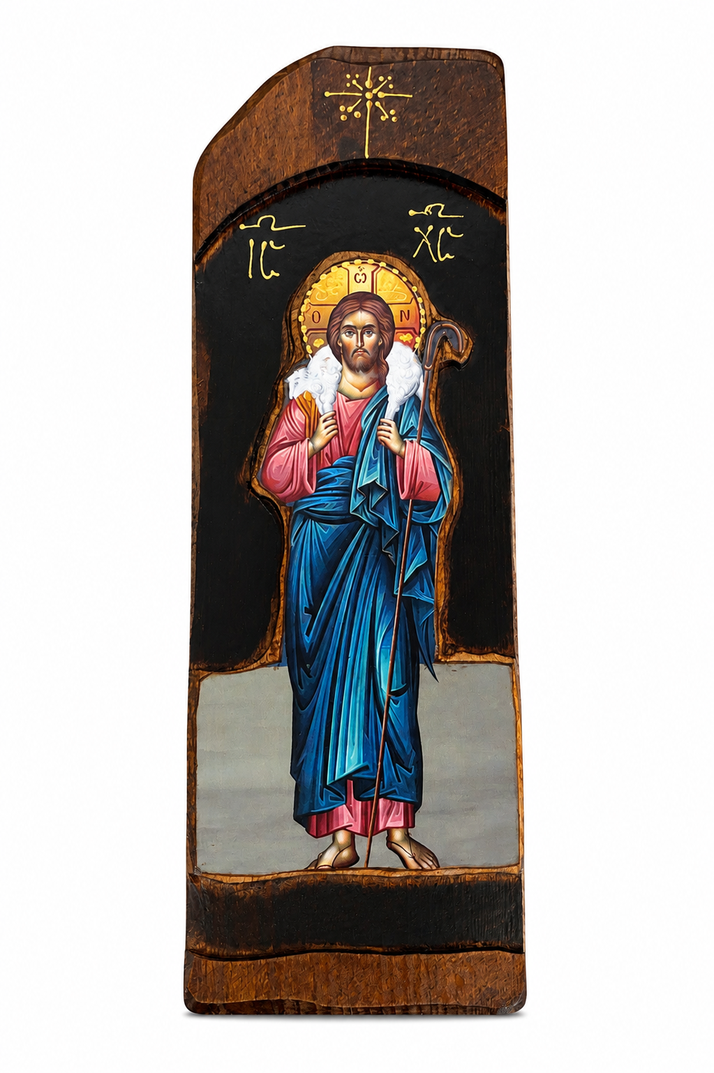 Ícone de Jesus Cristo Bom Pastor em Madeira