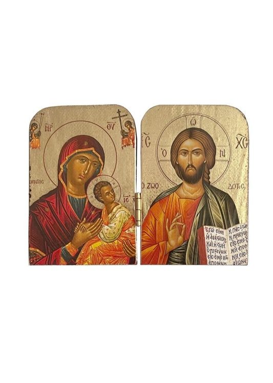 Díptico Ícones Cristo Pantocrator e Virgem com o Menino em Madeira