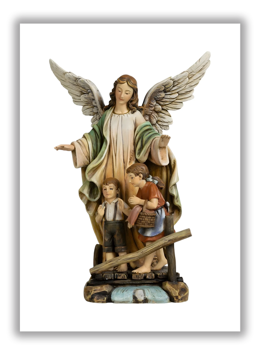 Anjo da Guarda com as crianças em resina e pó de madeira