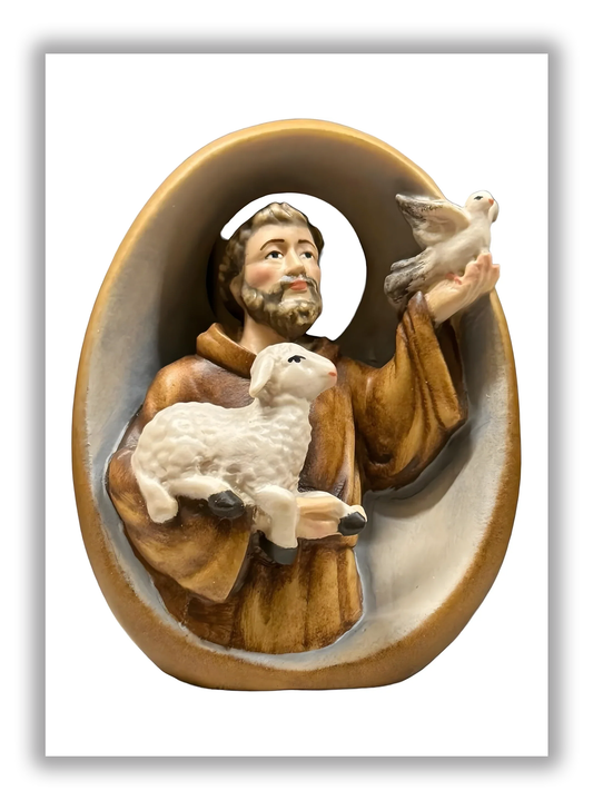 São Francisco de Assis cordeiro e pomba em madeira