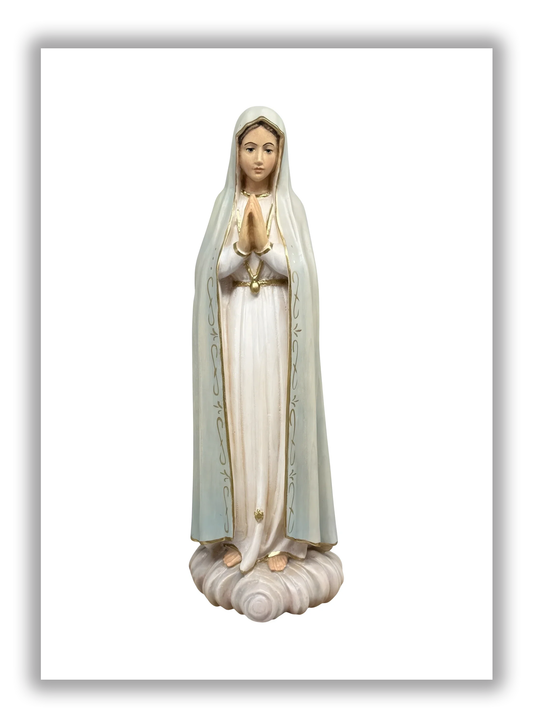 Nossa Senhora de Fátima esculpida à mão em madeira de Val Gardena - Tons azuis