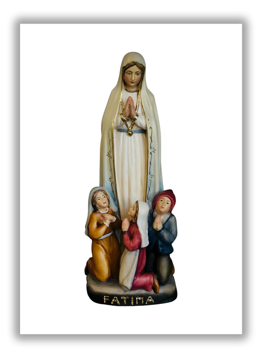 Nossa Senhora de Fátima e os Pastorinhos em madeira de Val Gardena - Tons azuis