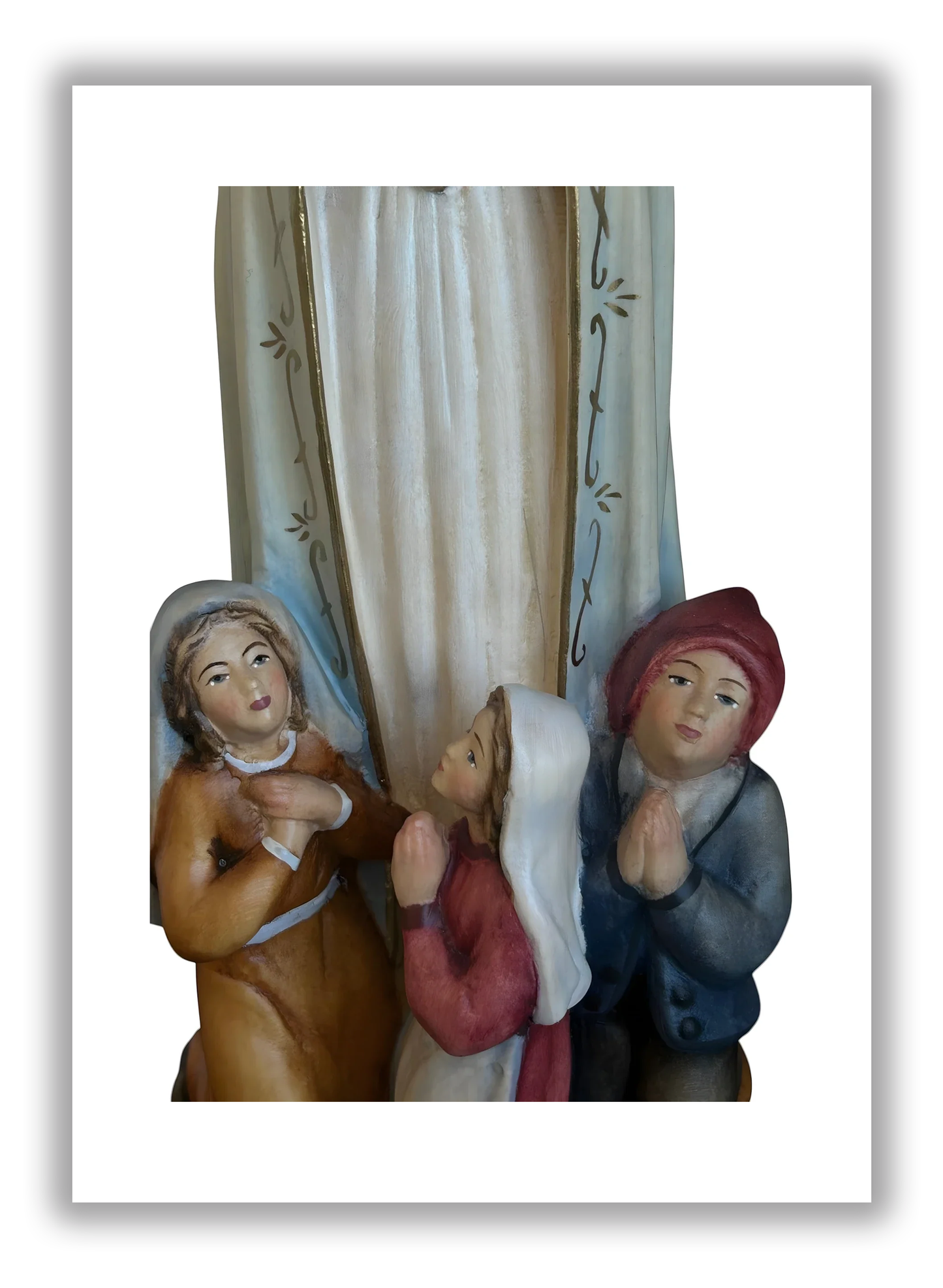 Nossa Senhora de Fátima e os Pastorinhos em madeira de Val Gardena - Tons azuis