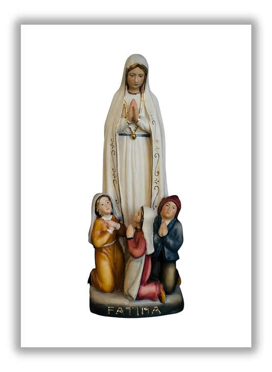 Nossa Senhora de Fátima e os Pastorinhos em madeira de Val Gardena