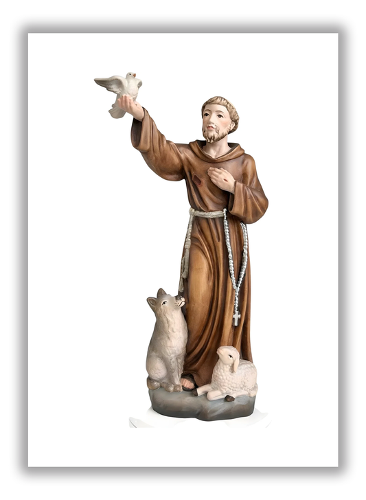 São Francisco de Assis com lobo, cordeiro e pomba em madeira