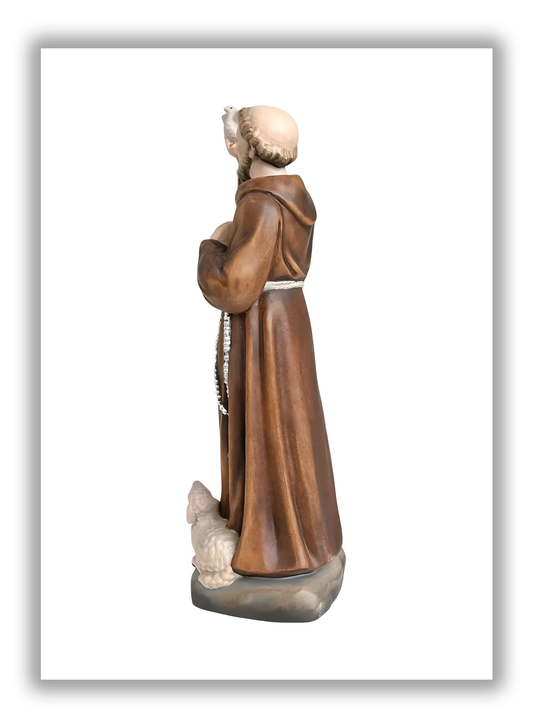 São Francisco de Assis com lobo, cordeiro e pomba em madeira