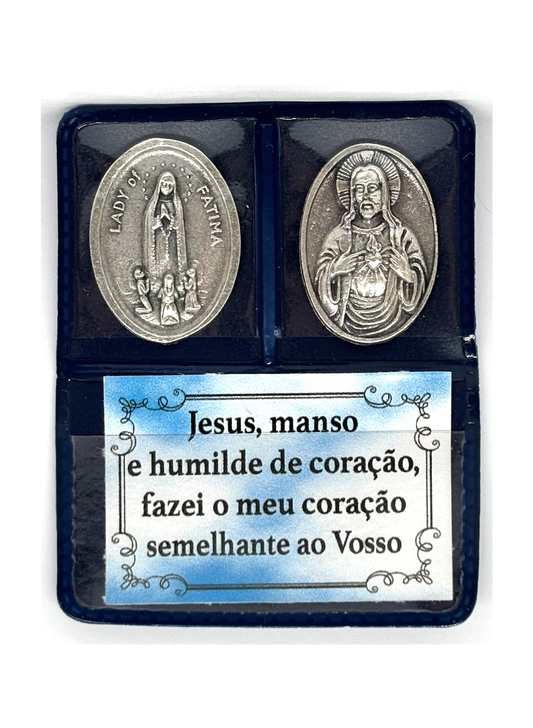 Carteira devocional com medalhas do Sagrado Coração de Jesus e de Fátima