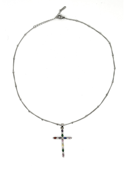 Colar com Cruz Cravejada de Cristais Coloridos