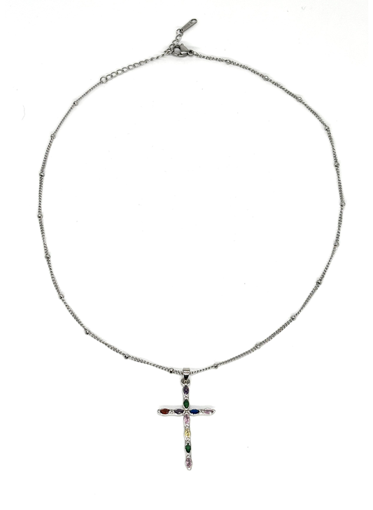 Colar com Cruz Cravejada de Cristais Coloridos