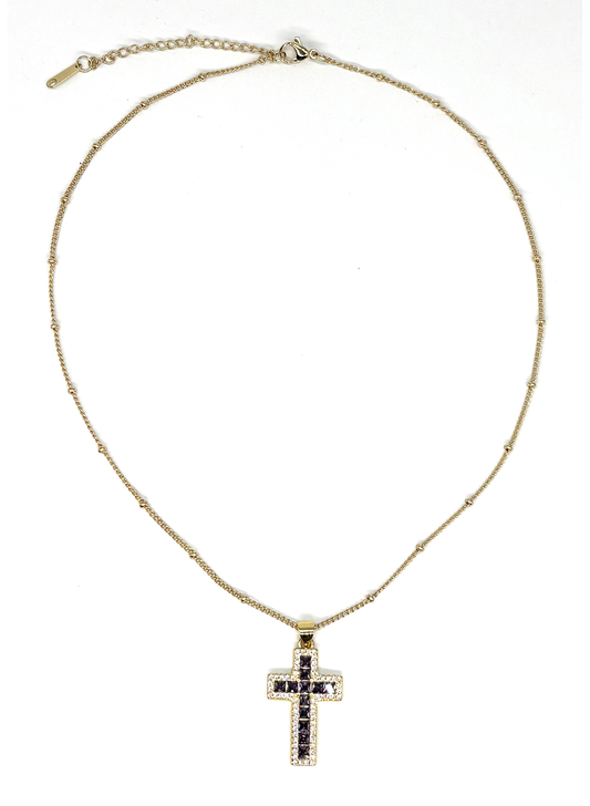 Colar com Cruz Dourada e Cristais Violeta