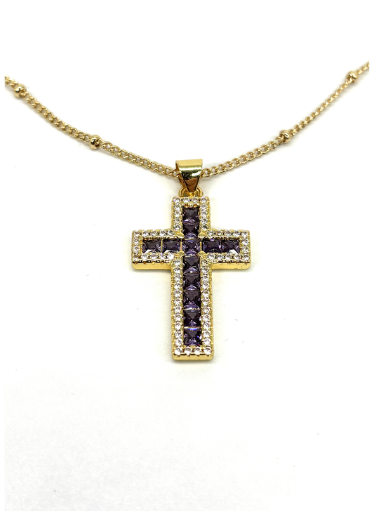 Colar com Cruz Dourada e Cristais Violeta
