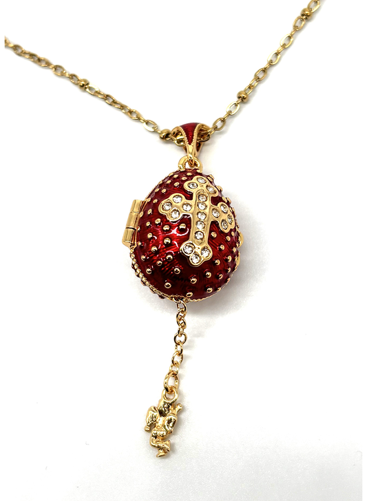 Colar Relicário Ovo Fabergé com Cruz e Anjo