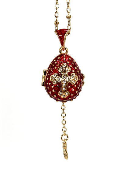 Colar Relicário Ovo Fabergé com Cruz e Anjo