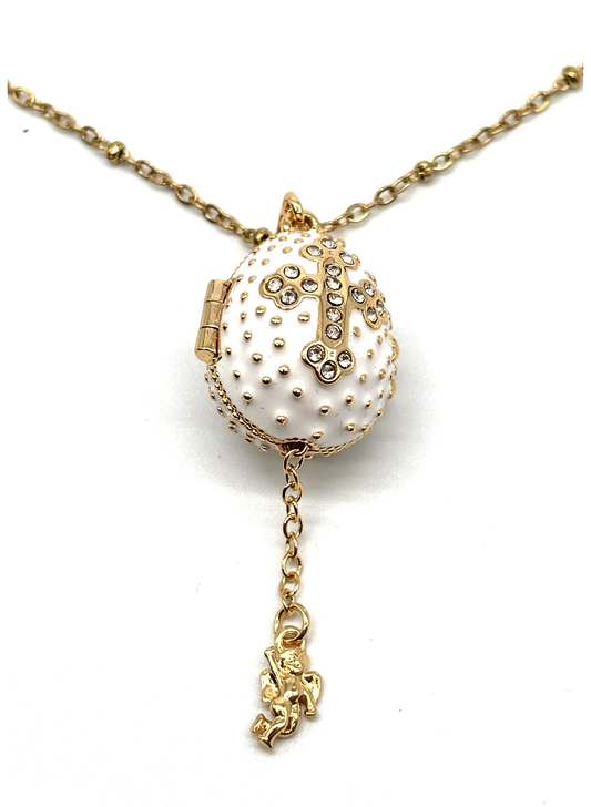 Colar Relicário Ovo Fabergé com Cruz e Anjo