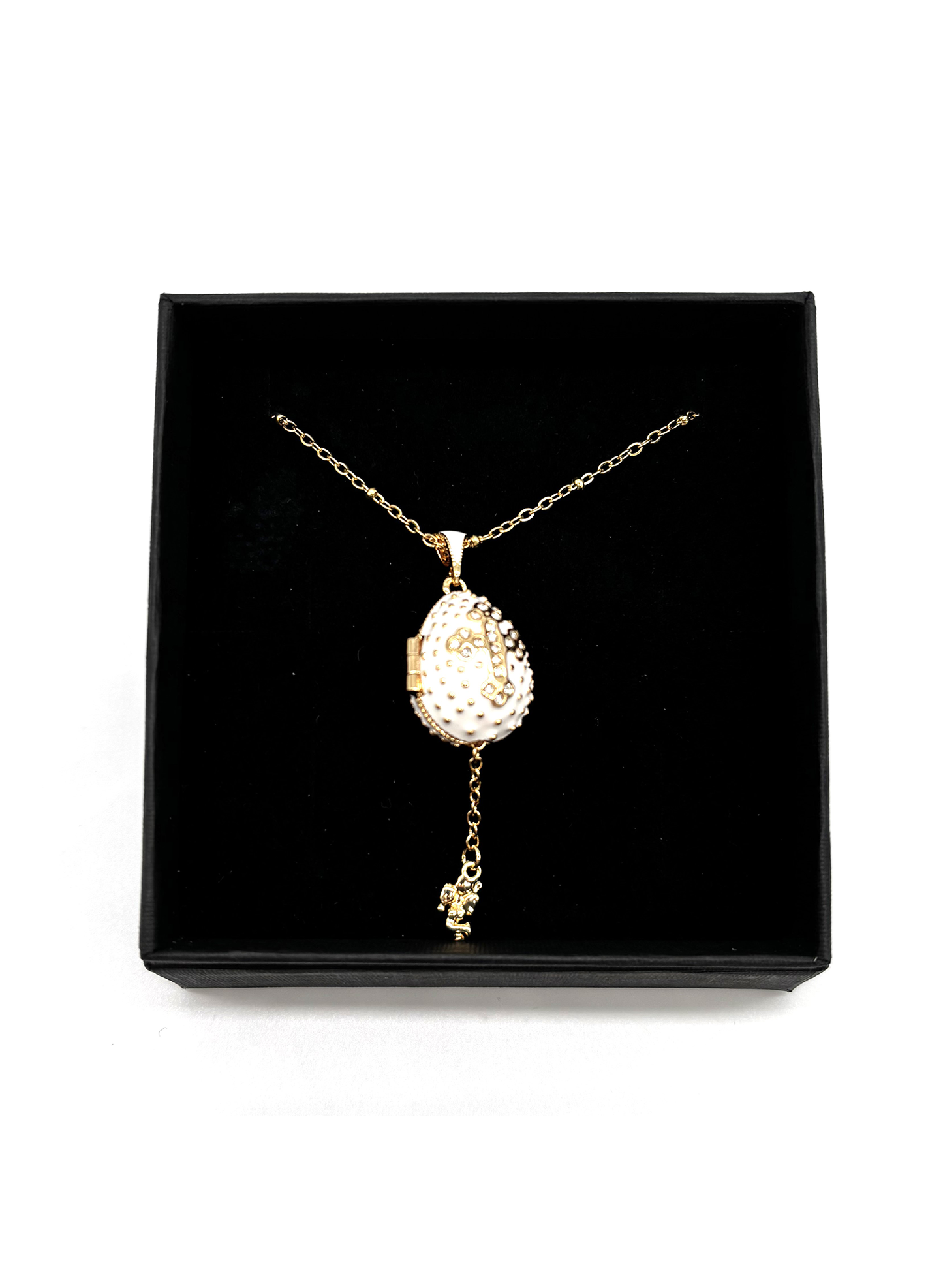 Colar Relicário Ovo Fabergé com Cruz e Anjo