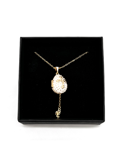 Colar Relicário Ovo Fabergé com Cruz e Anjo