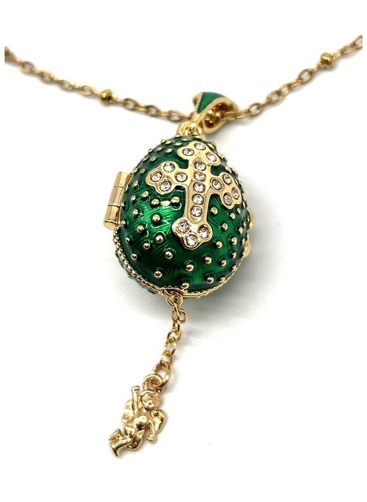 Colar Relicário Ovo Fabergé com Cruz e Anjo