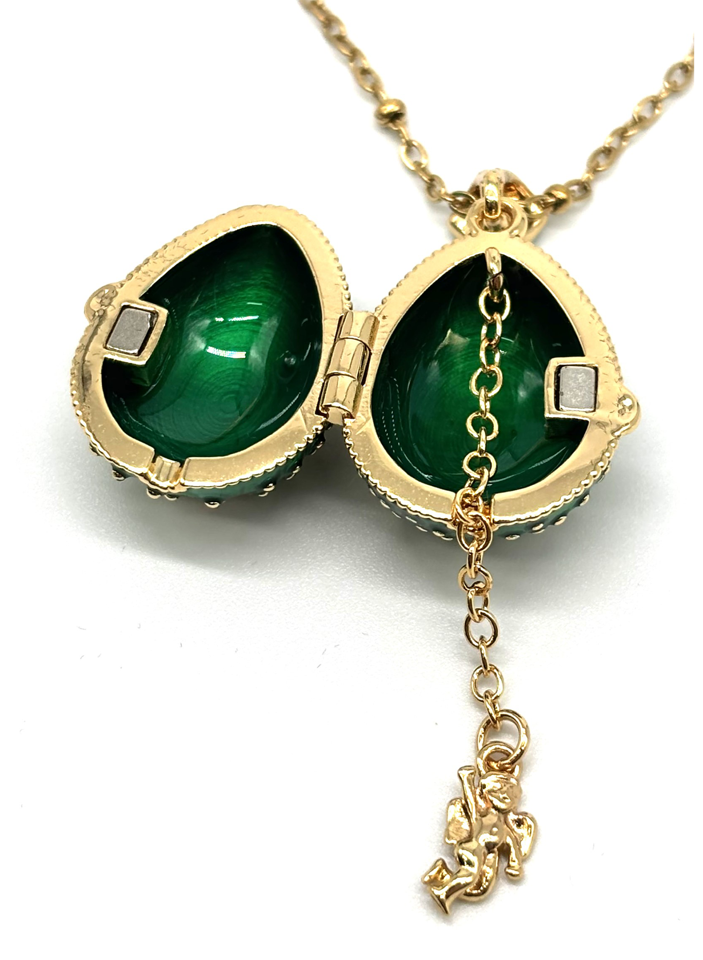 Colar Relicário Ovo Fabergé com Cruz e Anjo