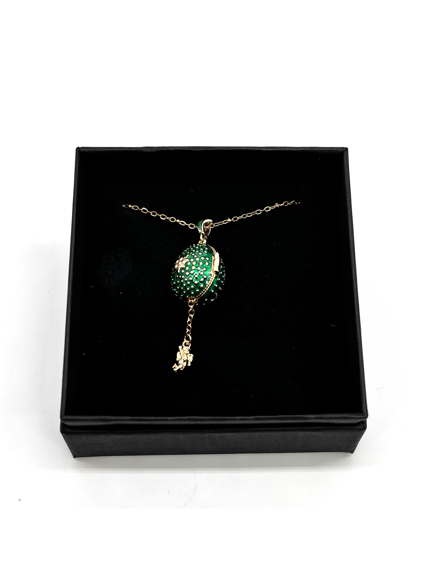 Colar Relicário Ovo Fabergé com Cruz e Anjo
