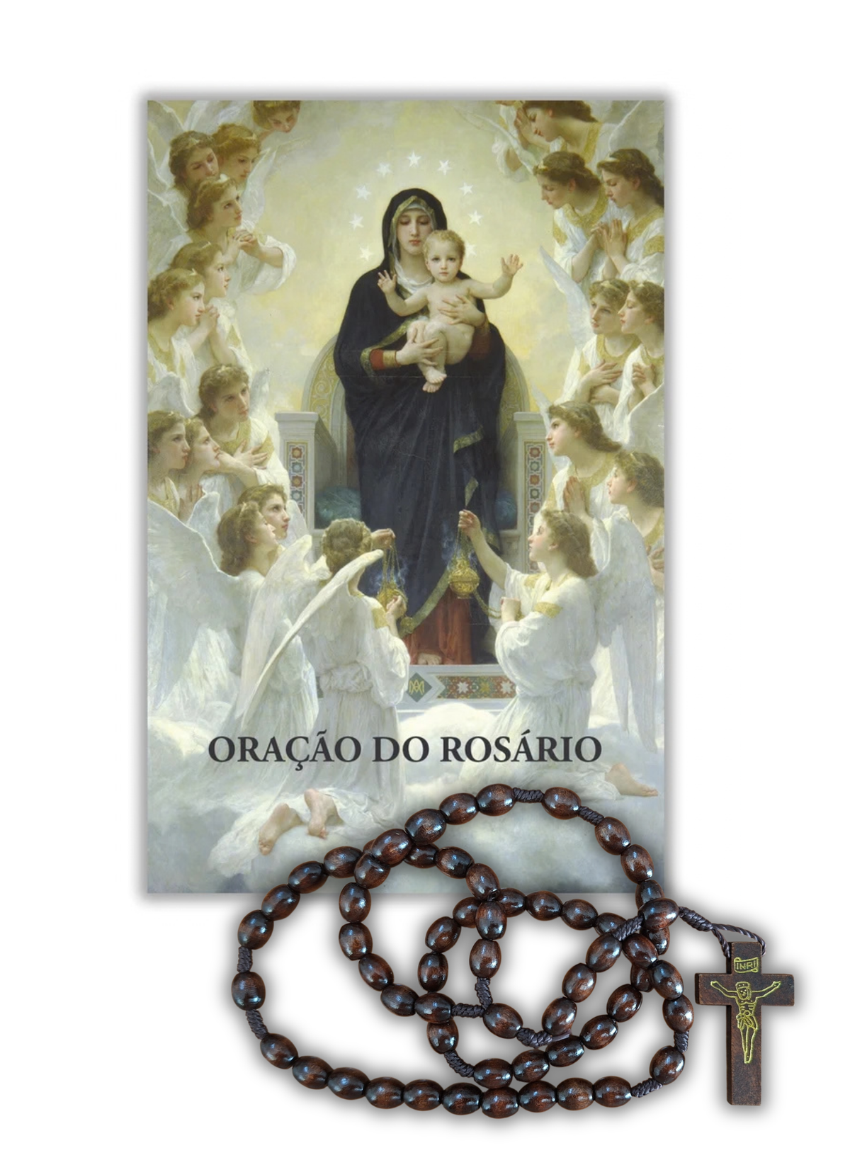 Pagela Oração do Rosário + Terço - Cordão e madeira