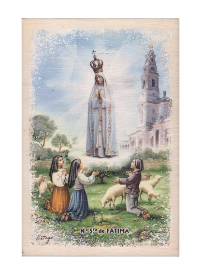 Placa postal Nossa Senhora de Fátima em madeira
