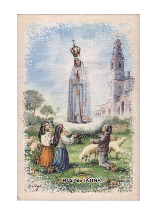 Placa postal Nossa Senhora de Fátima em madeira
