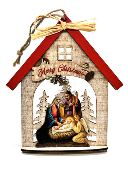 Presépio com cabana - Enfeite de árvore de Natal