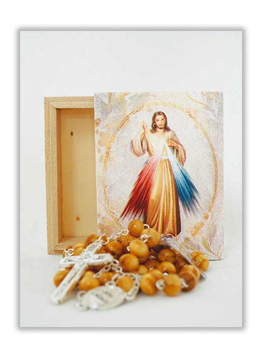Terço Jesus Misericordioso - Caixa em madeira