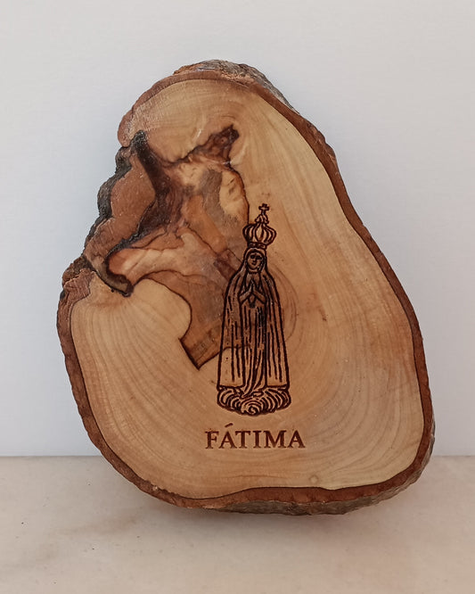 Placa Nossa Senhora de Fátima em madeira de oliveira