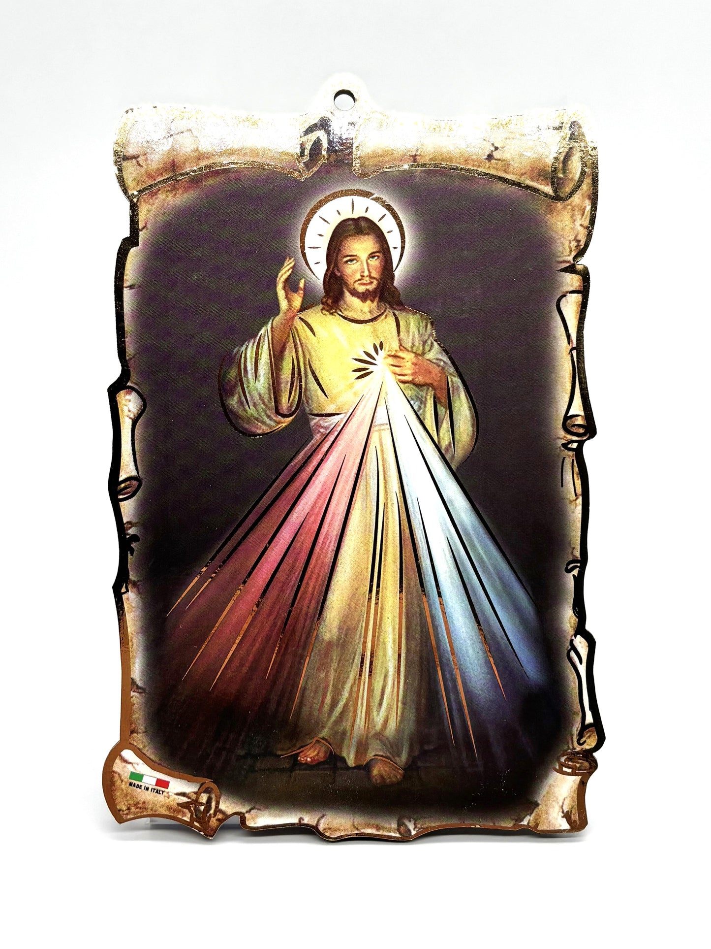 Quadro Jesus Misericordioso pergaminho em madeira