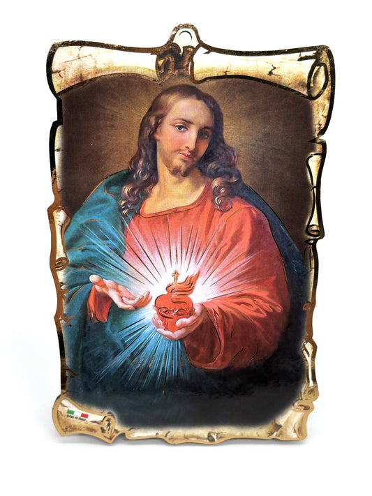 Quadro Sagrado Coração de Jesus pergaminho em madeira