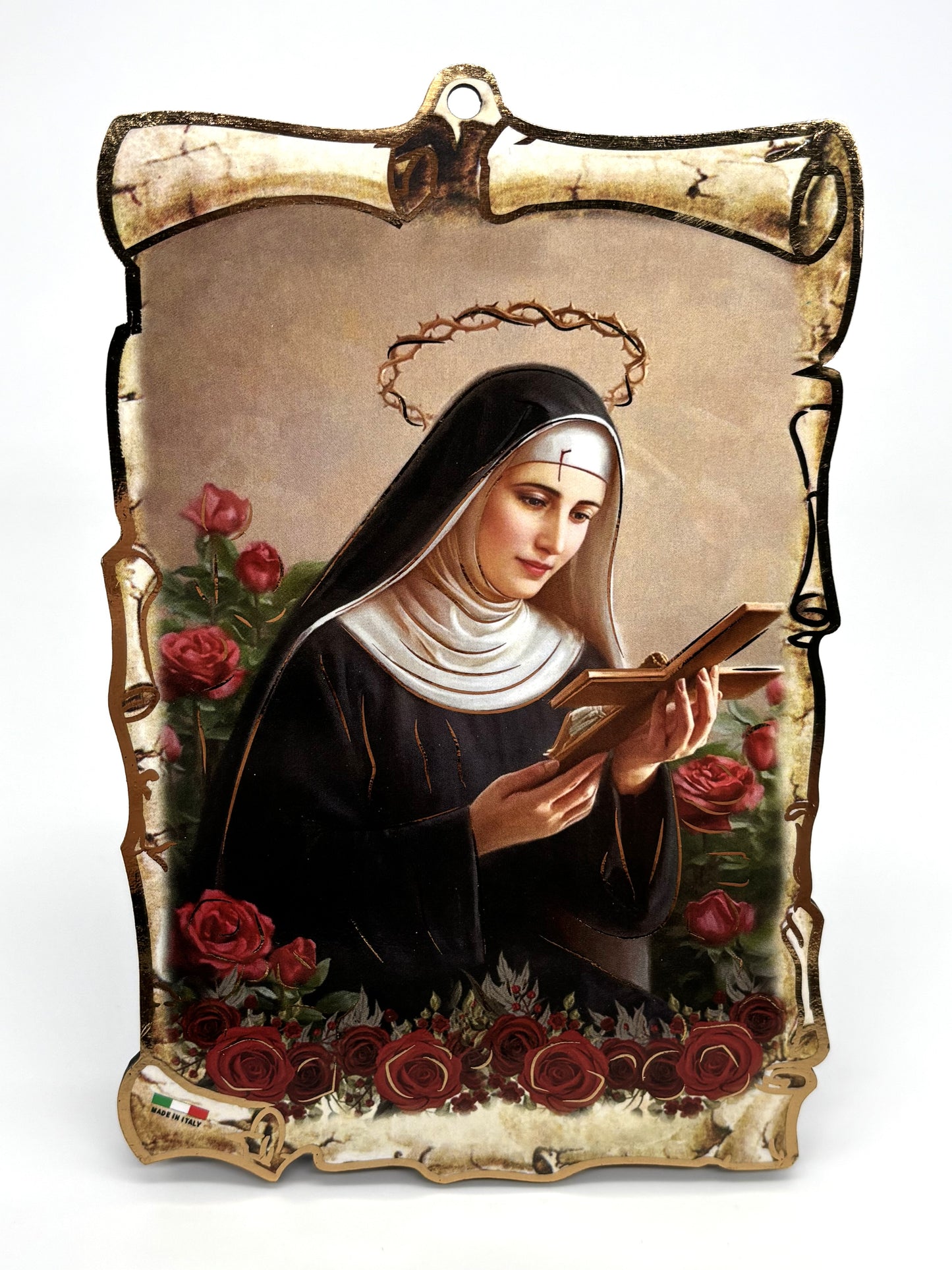 Quadro Santa Rita de Cássia pergaminho em madeira