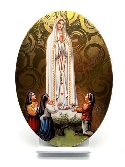 Ícone Nossa Senhora de Fátima em madeira com aplicação dourada