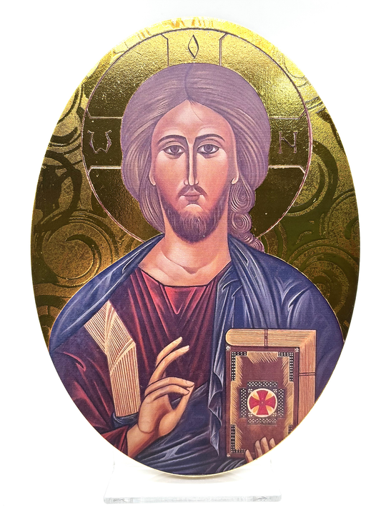 Ícone Jesus Mestre em madeira com aplicação dourada