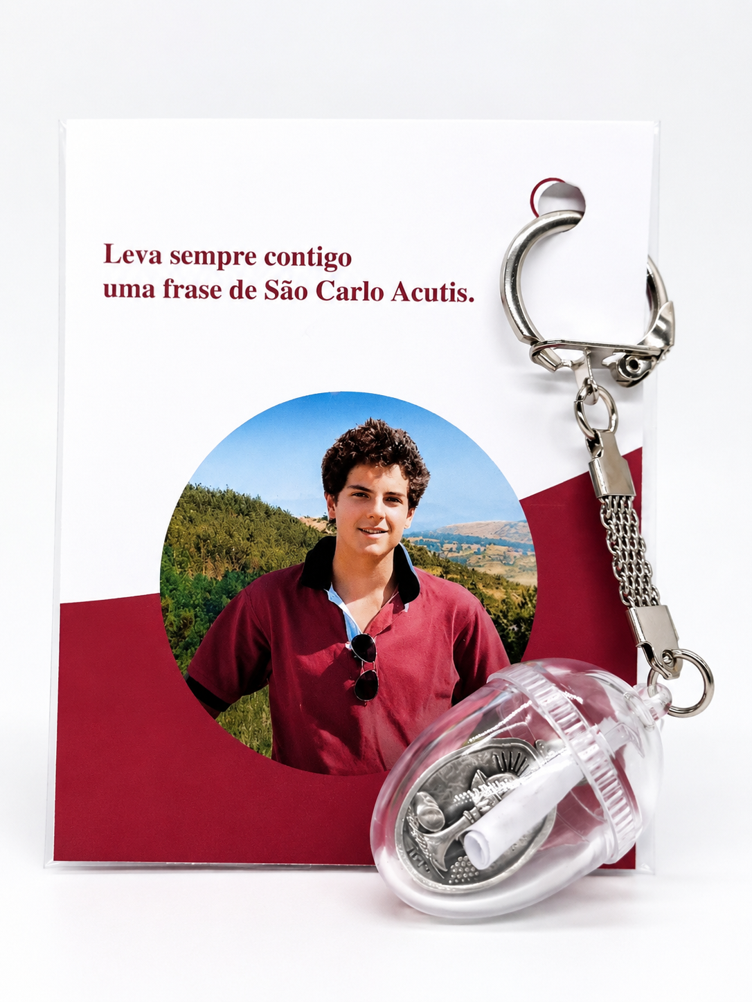 Porta-chaves São Carlo Acutis com medalha e mensagem
