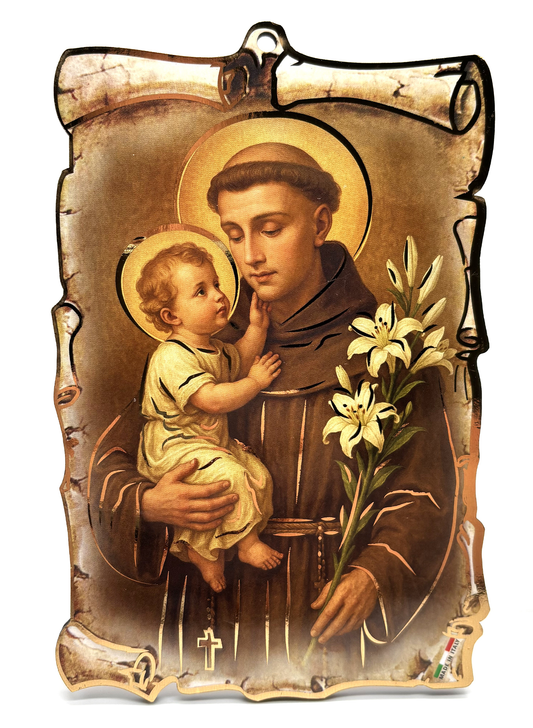 Quadro Santo António de Lisboa pergaminho em madeira