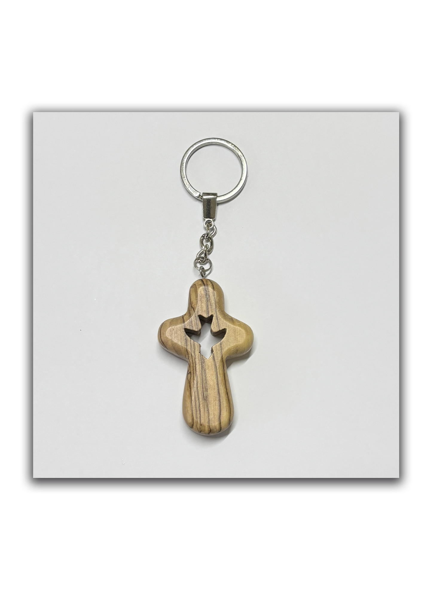 Porta-chaves cruz com pomba – Madeira de oliveira